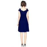 Women's Polyester Solid V Neck Cap Sleeve off Shoulder Dress (Blue)